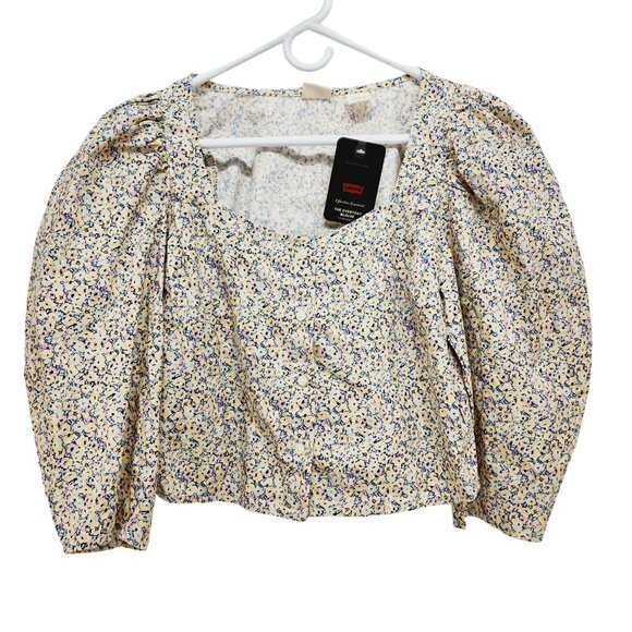 Levi's Floral Cropped Top Women's Size S Beige Square Neck Puff Sleeves - Picture 1 of 11